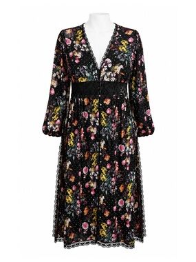 Size 4X Torrid Women’s Crepe Lace Trim Kimono Black Floral Long Duster